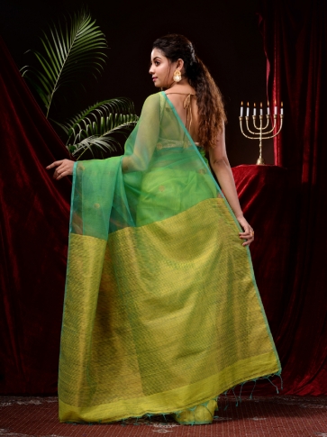 Yellow & Green Blended Matka Silk Saree 2