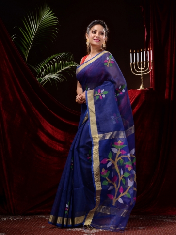 Blue Matka Silk Handwoven Jamdani Work Saree