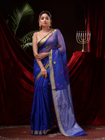 Blue Blended Silk Handwoven Jamdani Work Saree 1