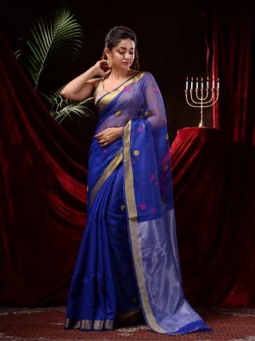 Blue Blended Silk Handwoven Jamdani Work Saree