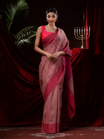 Pink  Cotton Gicha Stripe Hand woven Saree