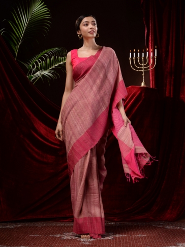 Pink  Cotton Gicha Stripe Hand woven Saree 1