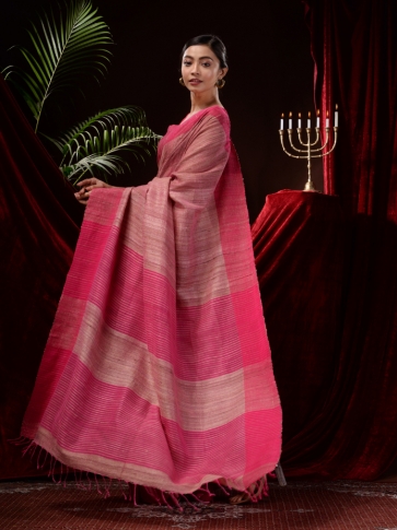 Pink  Cotton Gicha Stripe Hand woven Saree 2