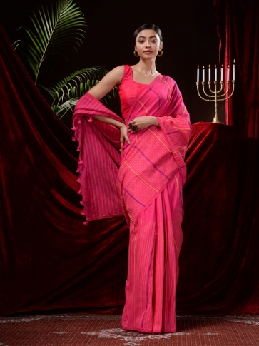 Pink Pure Cotton Hand Woven Kantha Weaving  Handloom Saree