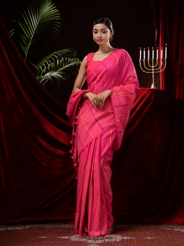 Pink Pure Cotton Hand Woven Kantha Weaving  Handloom Saree 0