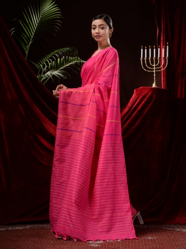 Pink Pure Cotton Hand Woven Kantha Weaving  Handloom Saree 1