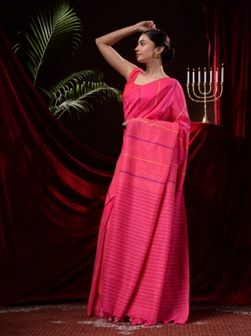 Pink Pure Cotton Hand Woven Kantha Weaving  Handloom Saree 2