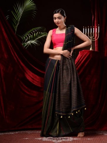 Black Pure Cotton Hand Woven Kantha Weaving  Handloom Saree