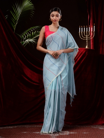 Sky Blue Pure Cotton Hand Woven Kantha Weaving  Handloom Saree