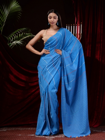 Blue Pure Cotton Hand Woven Kantha Weaving  Handloom Saree