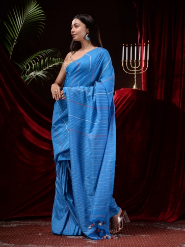 Blue Pure Cotton Hand Woven Kantha Weaving  Handloom Saree 1