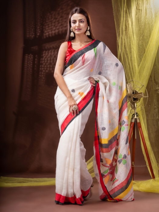 Pure Linen Bengal Handloom  Jamdani Work Saree