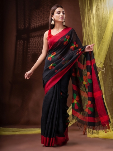 Pure Linen Bengal Handloom  Jamdani Work Saree 0