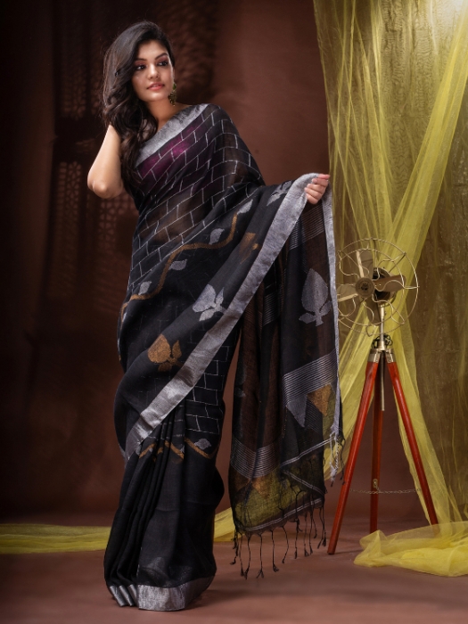 Pure Linen Bengal Handloom  Jamdani Work Saree
