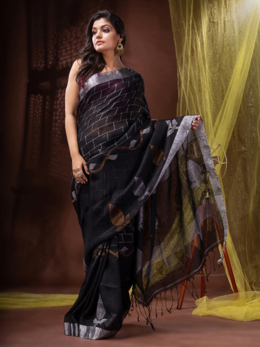 Pure Linen Bengal Handloom  Jamdani Work Saree 0