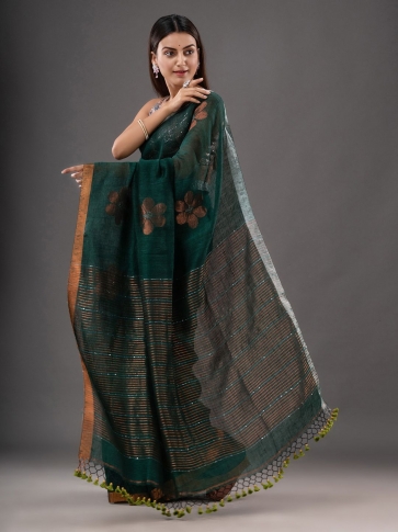 Pure Linen Hnad woven Saree with Zari work 0