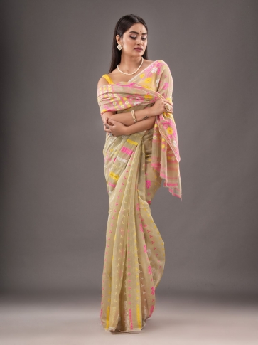 Silk Cotton  buti work  Jamdani Saree
