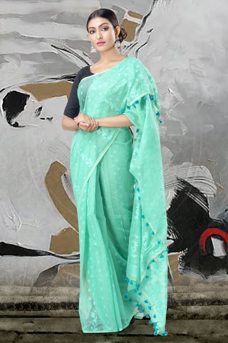 Sea Green Jamdani Saree With Thread Weave