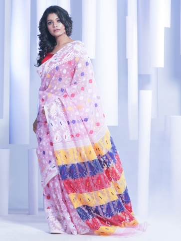 Pale Pink Hand woven jamdani Saree With Thread Work 1