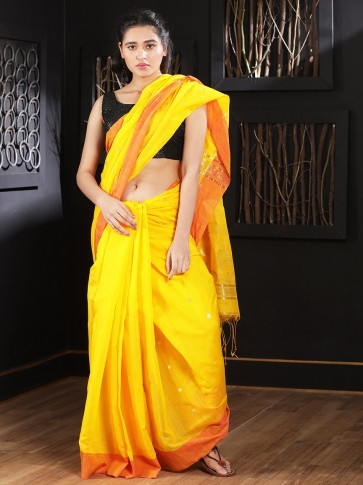 Yellow Hand woven Blended Cotton Saree With Zari Butta