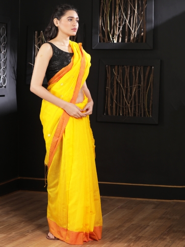 Yellow Hand woven Blended Cotton Saree With Zari Butta 0