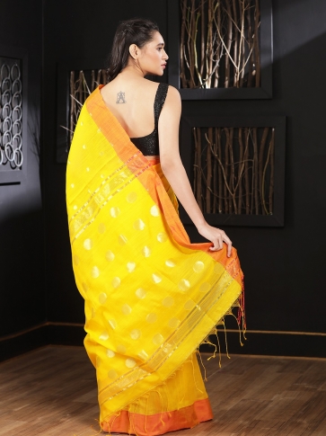 Yellow Hand woven Blended Cotton Saree With Zari Butta 1