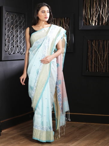 Pale Blue Hand woven Blended Cotton Saree With Woven Border 1