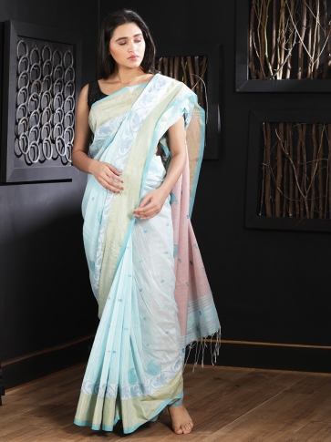 Pale Blue Hand woven Blended Cotton Saree With Woven Border