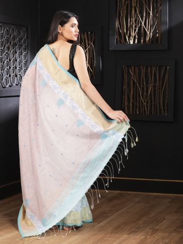 Pale Blue Hand woven Blended Cotton Saree With Woven Border 2