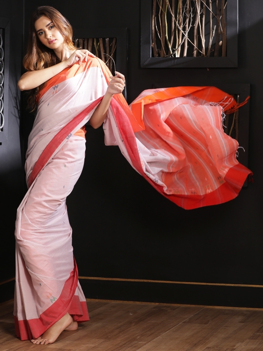 Pale Pink hand woven Pure Cotton Saree With Woven Border
