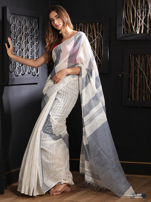 White Hand woven Blended Cotton Saree With Grey Stripes