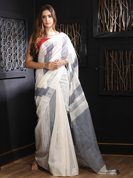White Hand woven Blended Cotton Saree With Grey Stripes 0