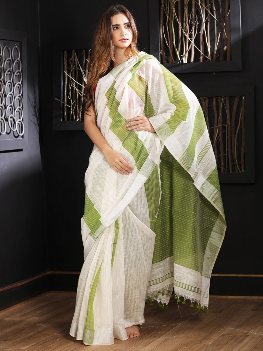 White hand woven Blended Cotton Saree With Green Stripes