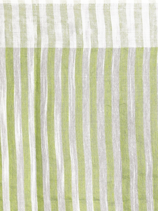 White hand woven Blended Cotton Saree With Green Stripes 2