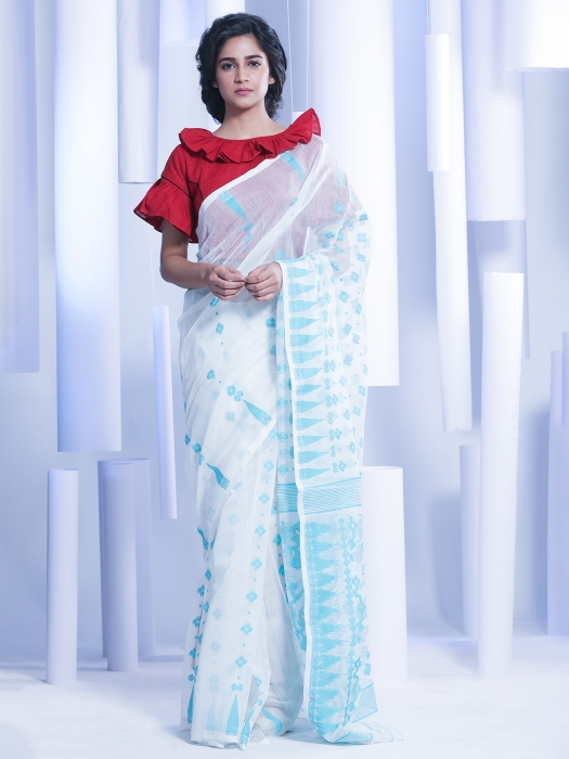 White Hand woven Jamdani Saree With Blue Thread Work