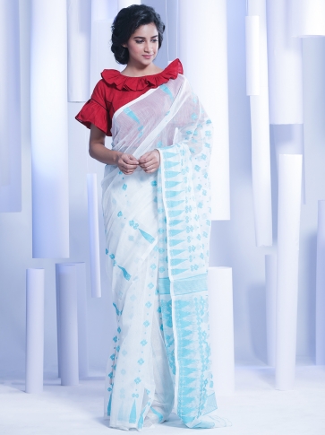 White Hand woven Jamdani Saree With Blue Thread Work 0