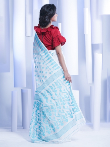 White Hand woven Jamdani Saree With Blue Thread Work 1