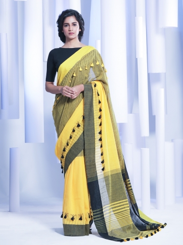Yellow & Black Hand woven Pure Cotton Saree With Pompom 1