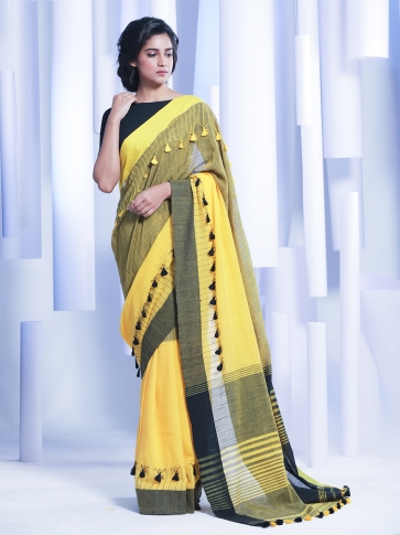 Yellow & Black Hand woven Pure Cotton Saree With Pompom