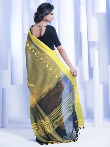 Yellow & Black Hand woven Pure Cotton Saree With Pompom 2