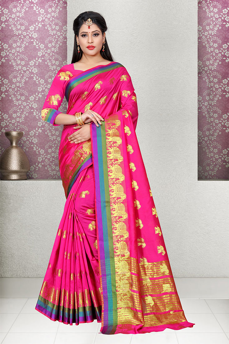 Rani Pink Cotton Silk Saree With Blouse Fabric