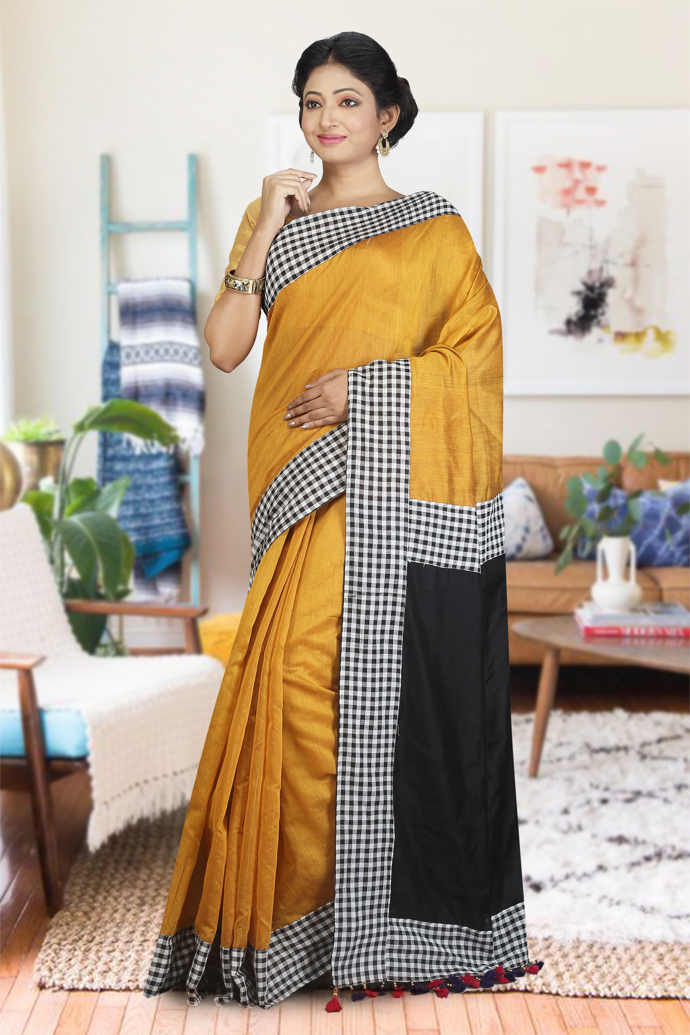 Mustered and Black Blended Cotton Saree