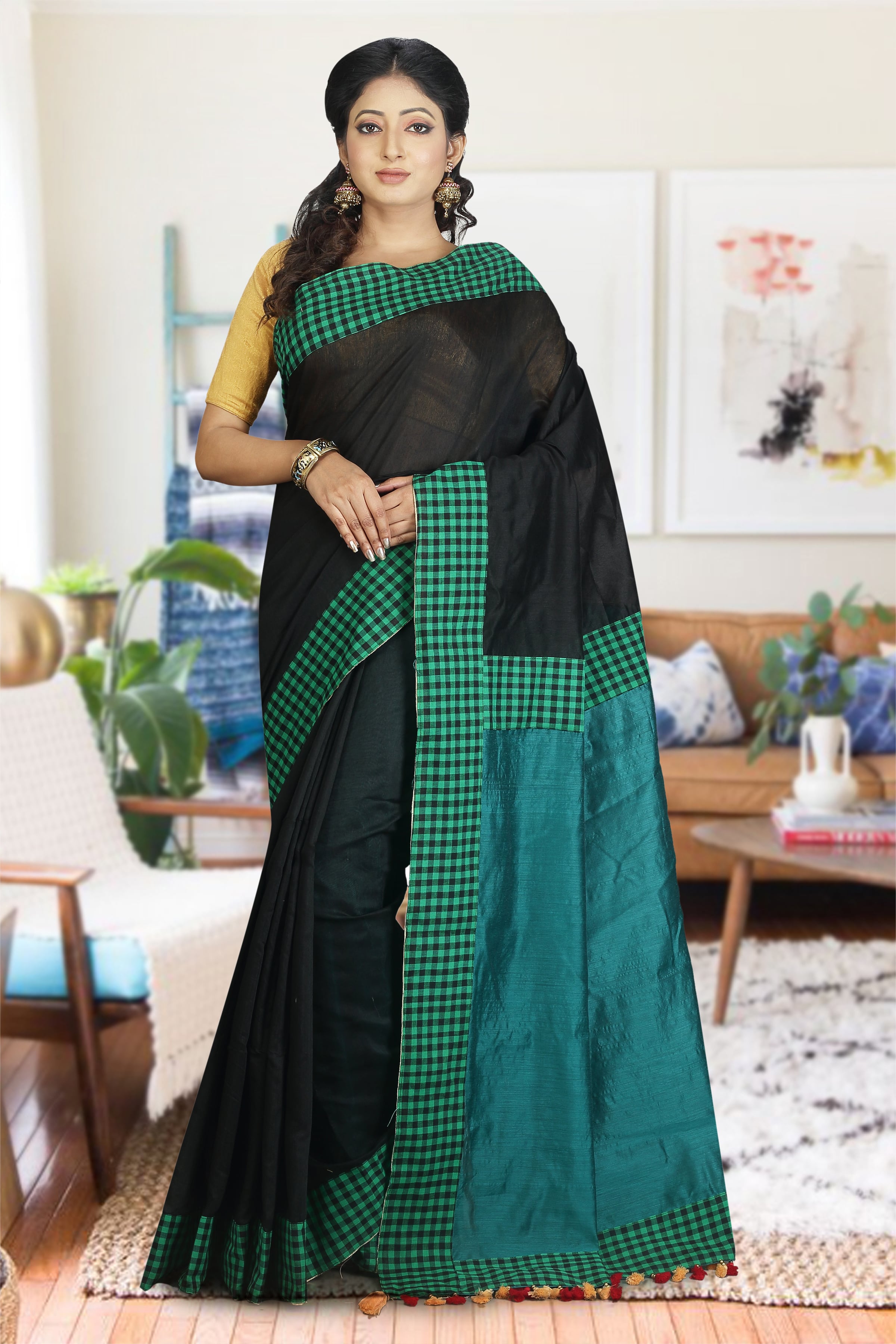 Teal and Black Blended Cotton Saree