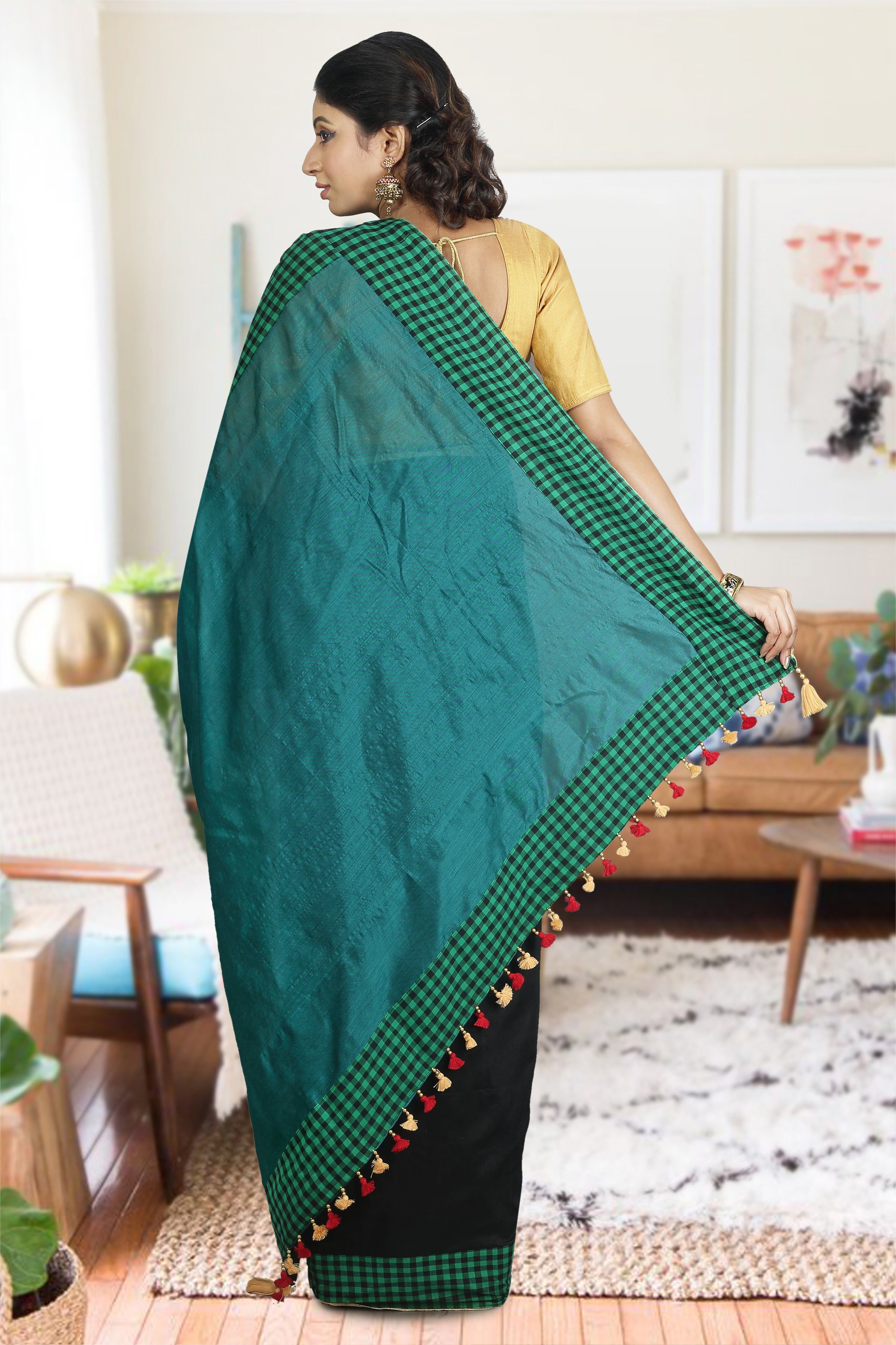 Teal and Black Blended Cotton Saree 1