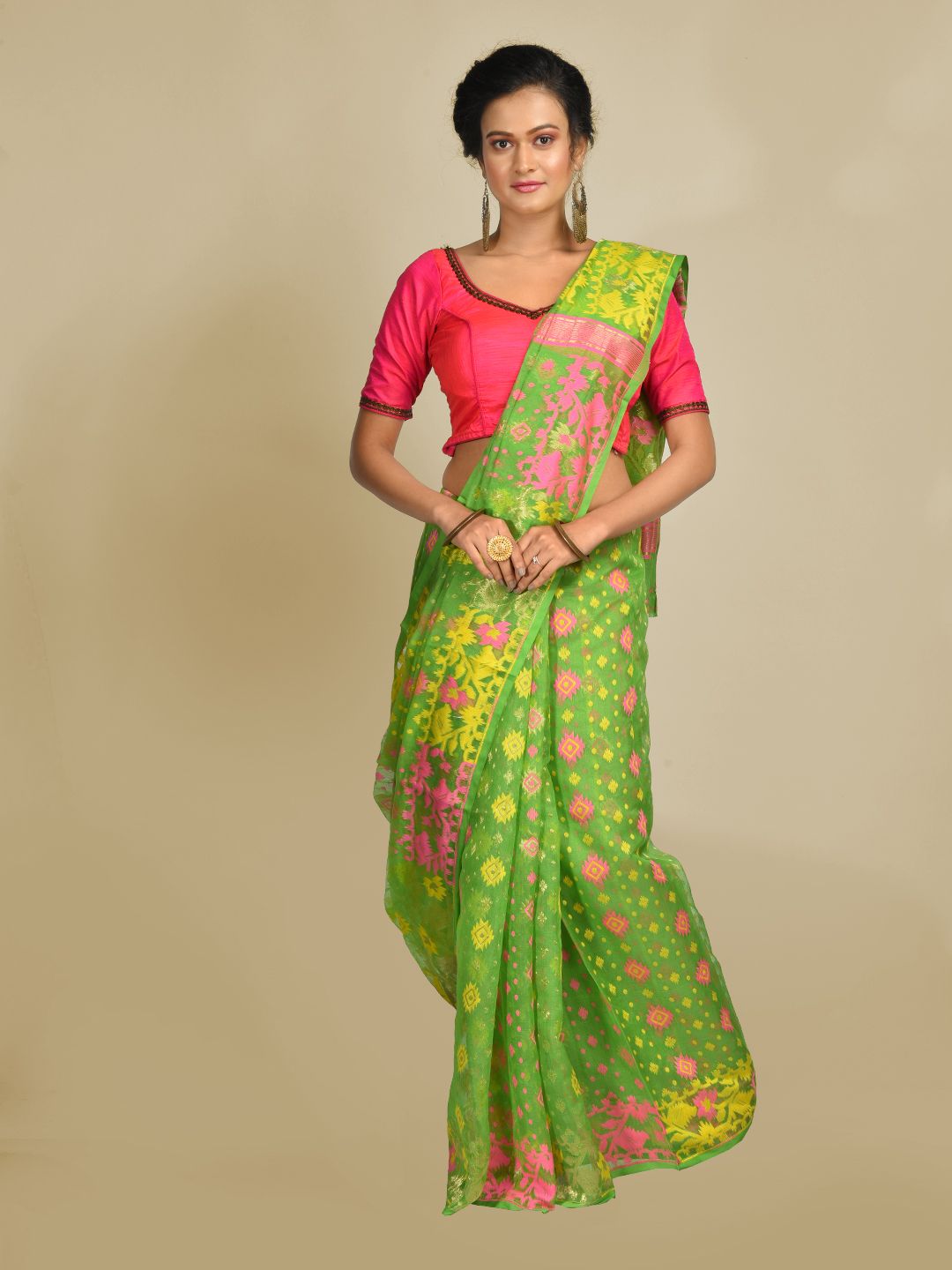 Red & Green Bi-Color Pure Resham Cotton Jamdani Saree – ShopBollyWear.Com