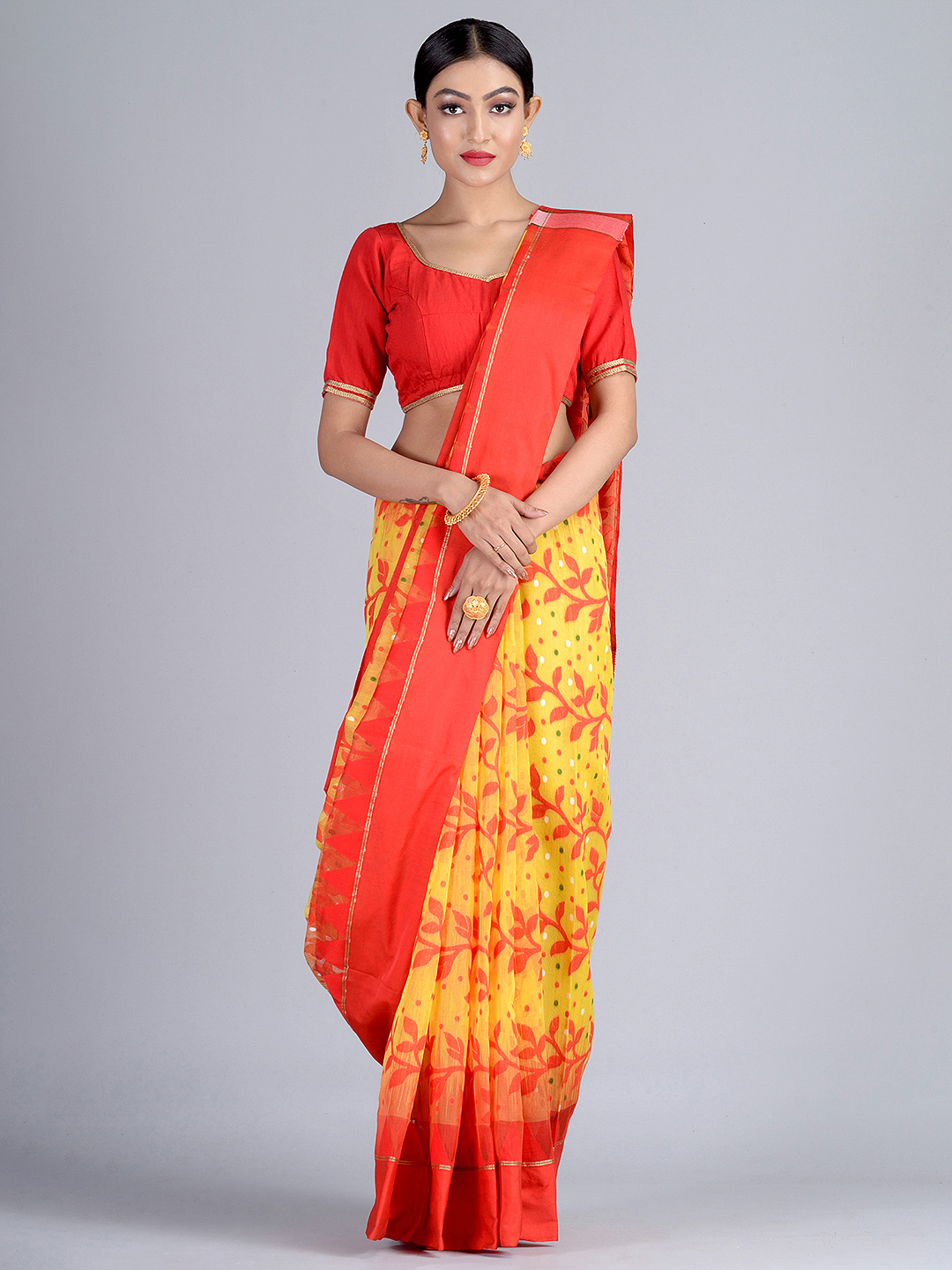 Jamdani Cotton Silk Saree in Yellow : SRGA1661
