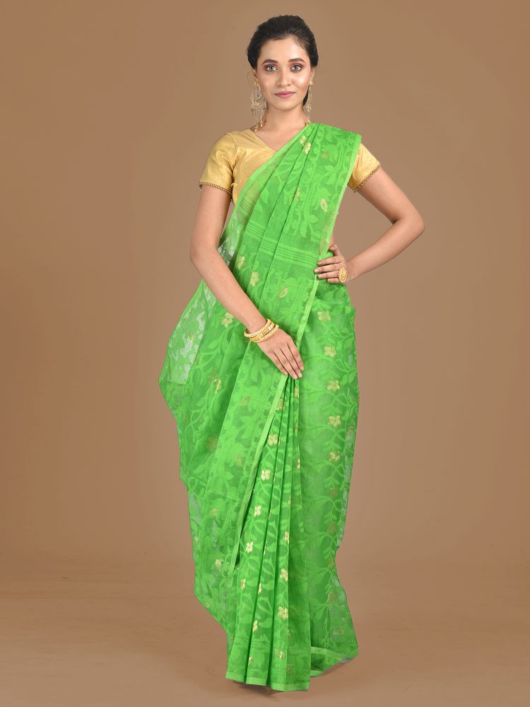 Woodentant Women's soft Cotton Silk dhakai jamdani sari without blouse  piece (vivid bluish Green).