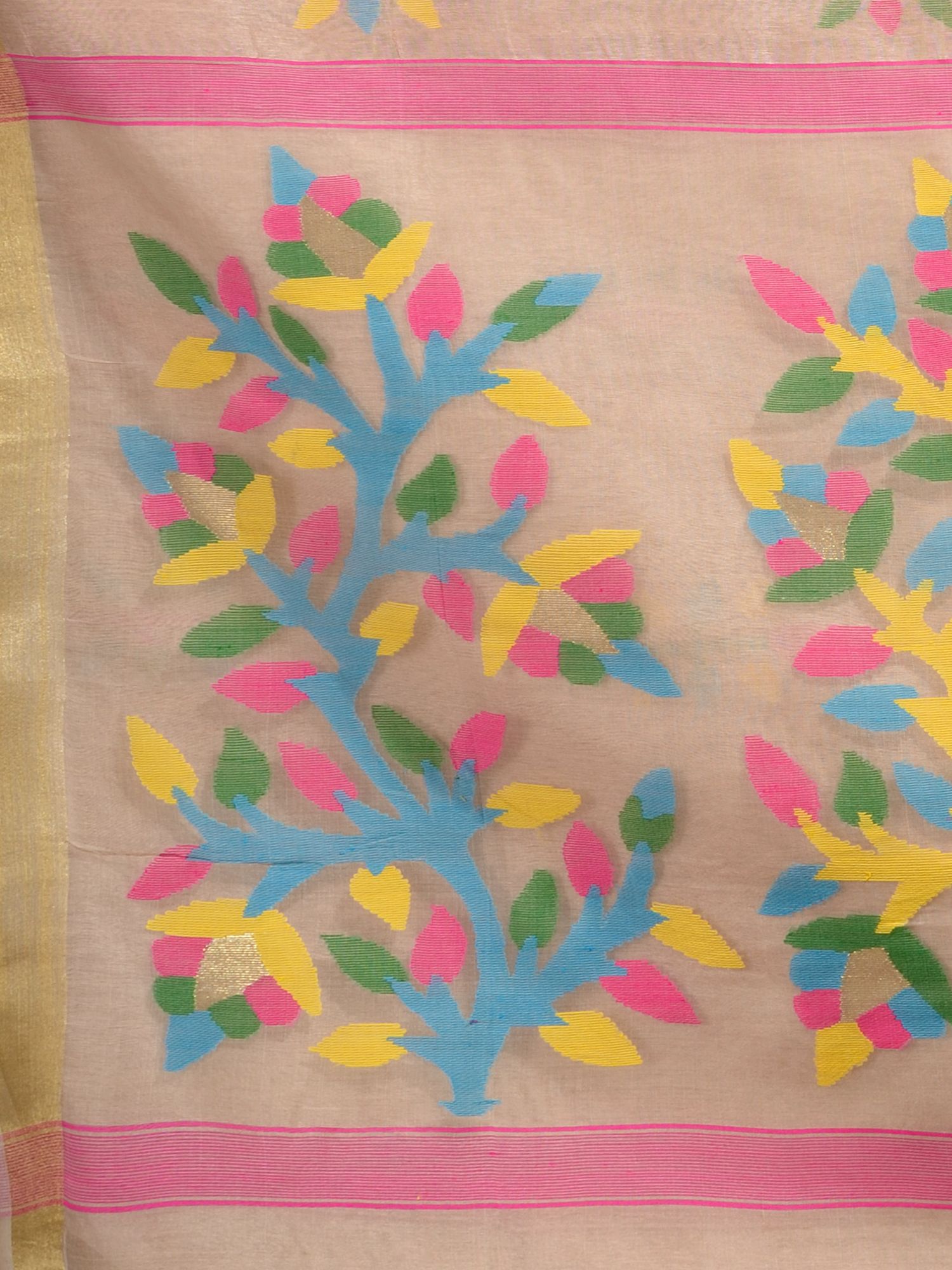 Beige Silk Linen handwoven saree with Jamdani work in pallu 1