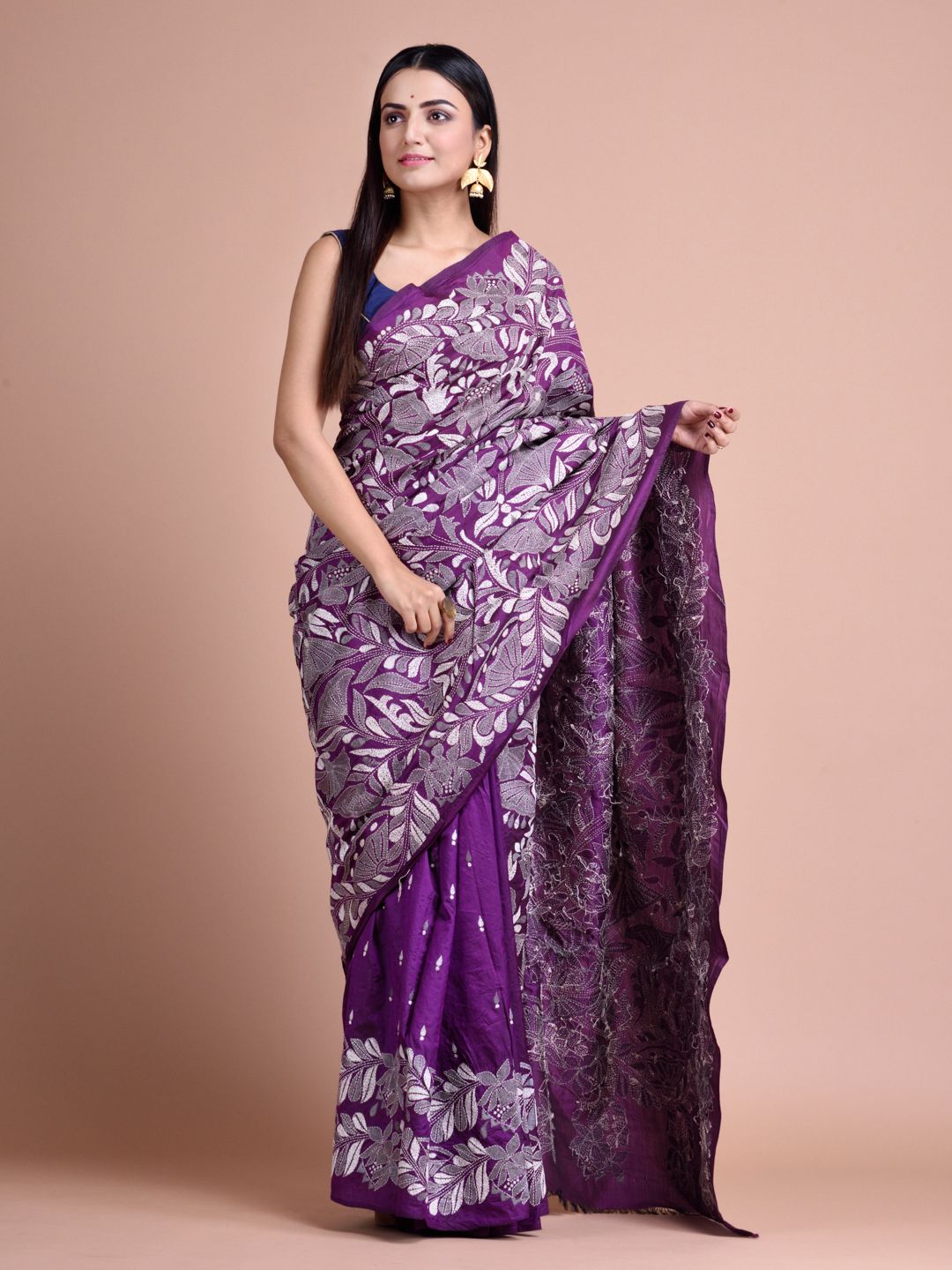 Violet Hand woven Bangalore Silk Saree With floral Kantha Work