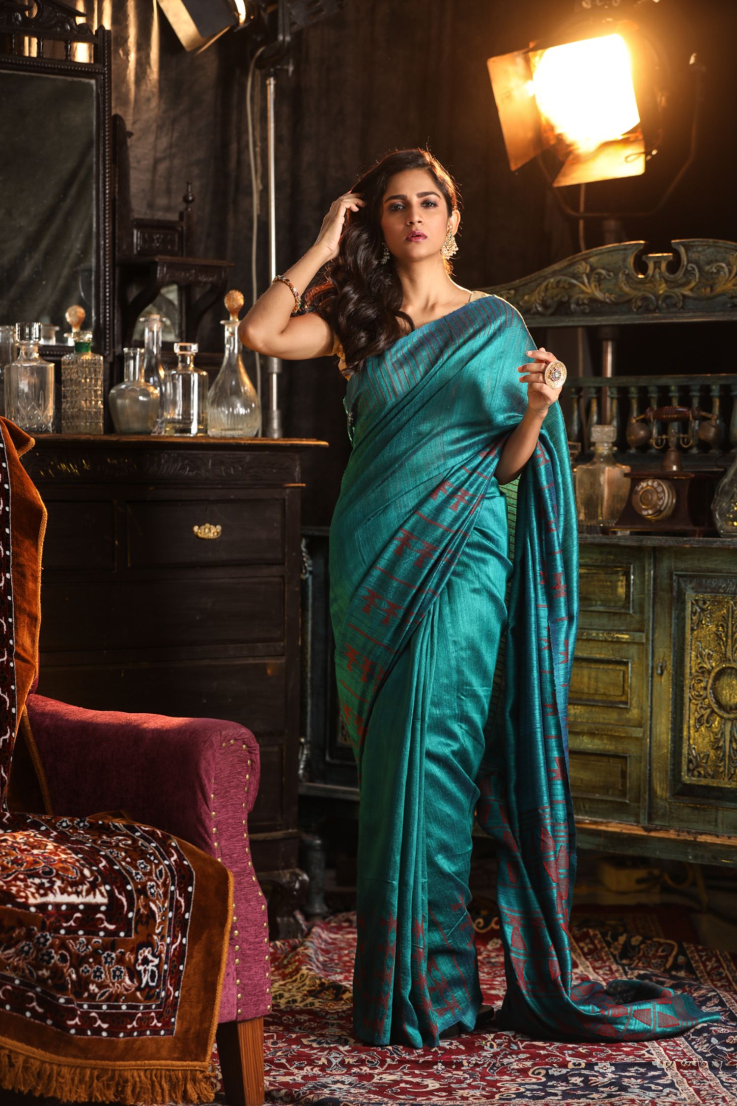 Teal Blue Semi Silk Saree With Copper Zari | BSK104